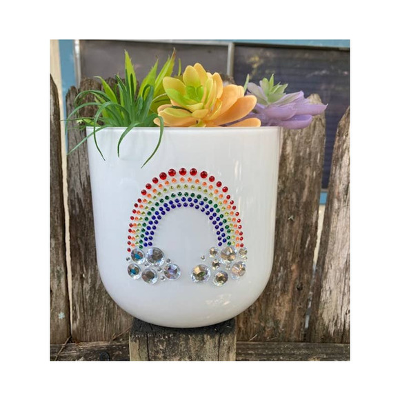 Large White Glass Rhinestone RAINBOW Vase - White Round Bling Planter - Picture 1 of 9